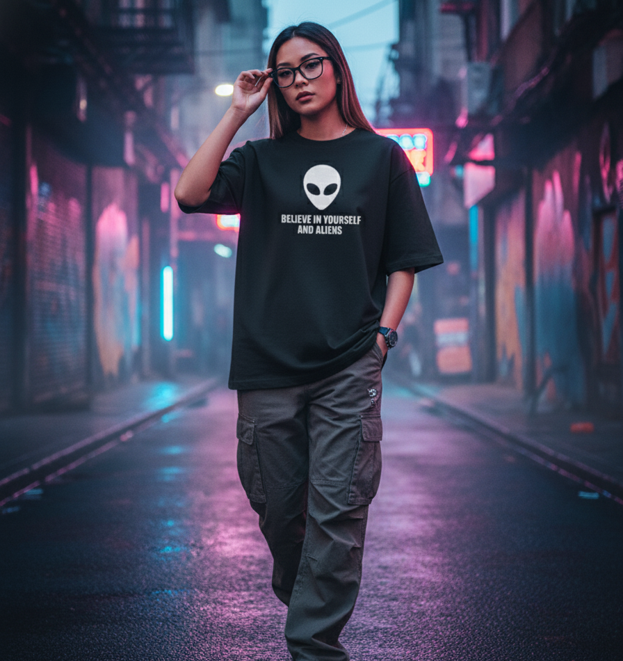 "ALIEN ATTACK" Classic Oversized Graphic Printed T-shirt