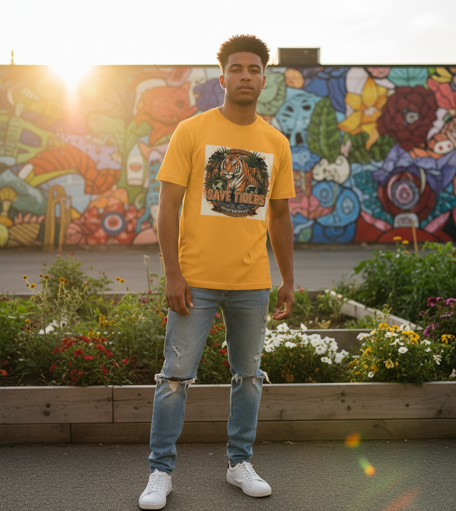 "SAVE THE TIGER "  Round Neck Graphic Printed T-shirt