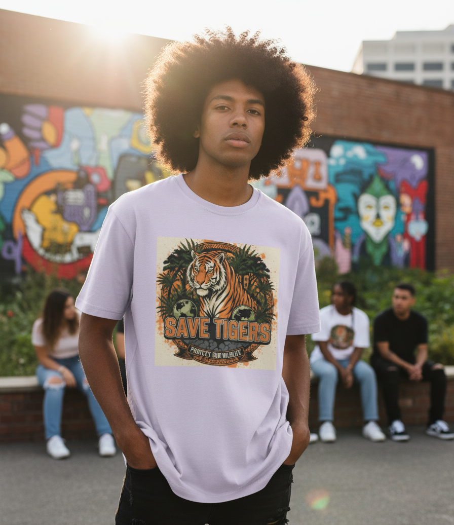 "SAVE THE TIGER "  Round Neck Graphic Printed T-shirt