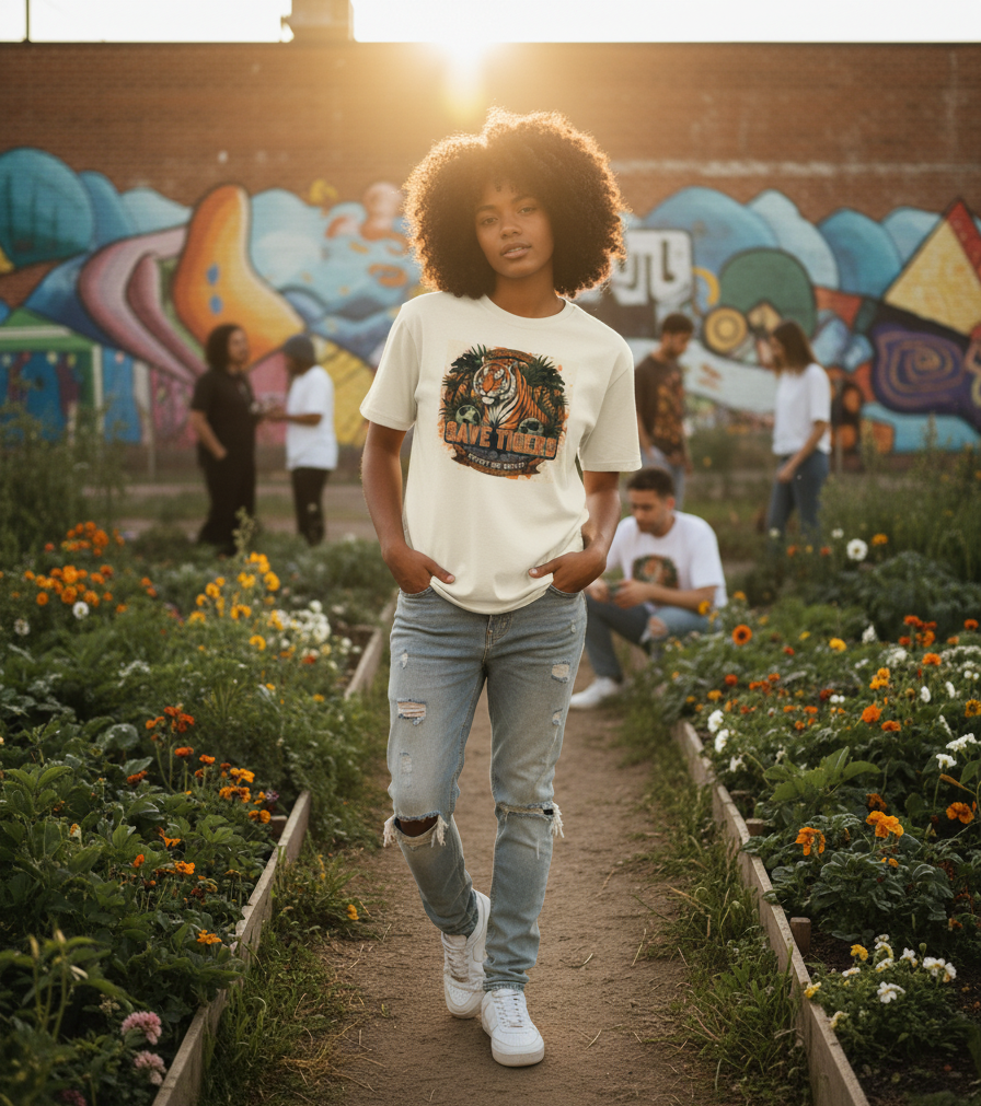 "SAVE THE TIGER "  Round Neck Graphic Printed T-shirt