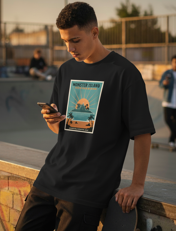 "MONSTER ISLAND " Terry Oversized Graphic Printed T-shirt
