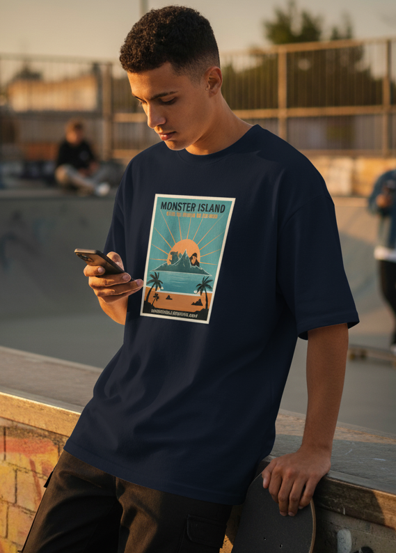 "MONSTER ISLAND " Terry Oversized Graphic Printed T-shirt