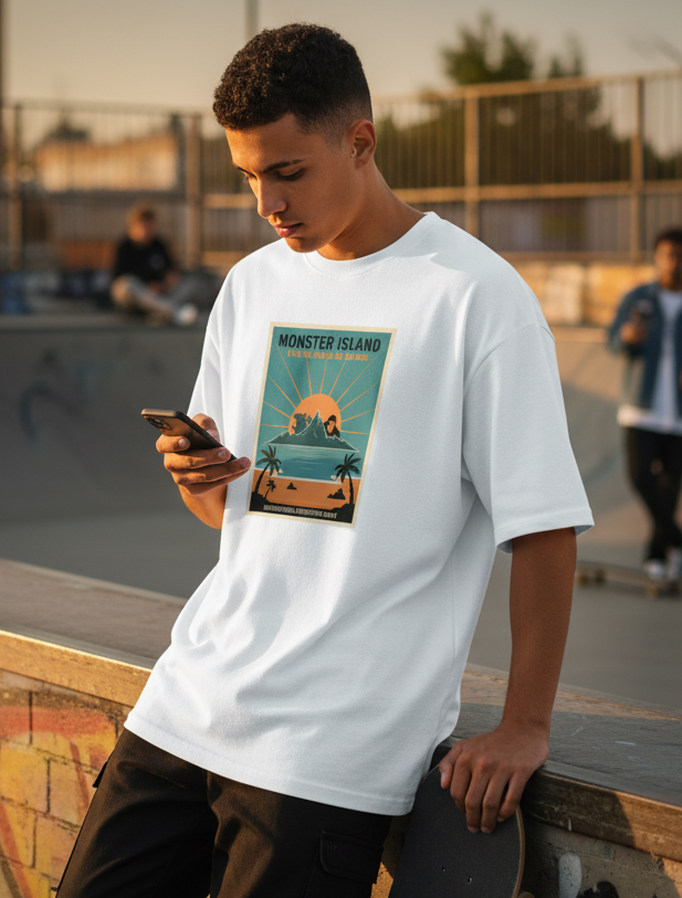 "MONSTER ISLAND " Terry Oversized Graphic Printed T-shirt