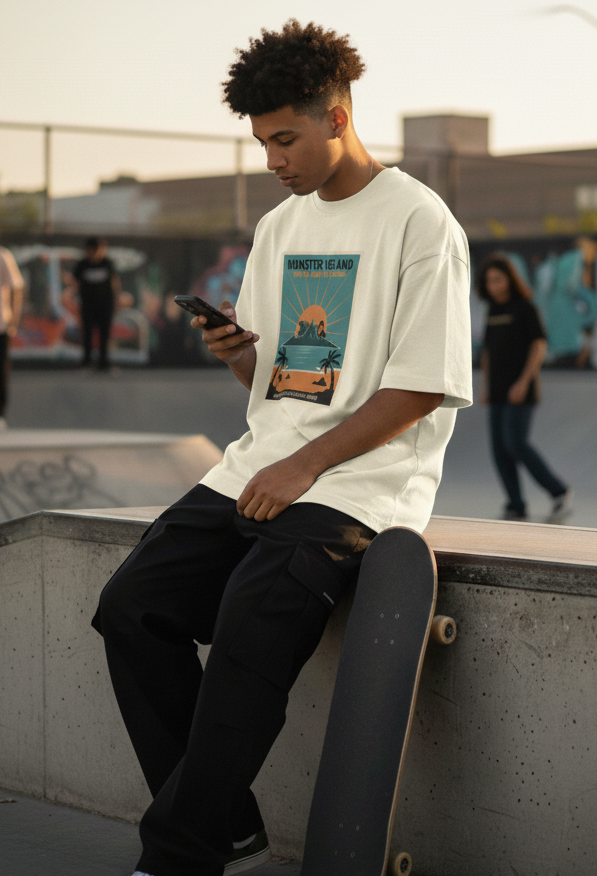 "MONSTER ISLAND " Terry Oversized Graphic Printed T-shirt