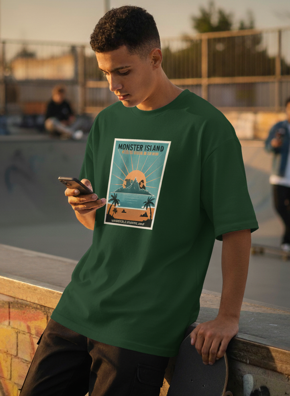 "MONSTER ISLAND " Terry Oversized Graphic Printed T-shirt