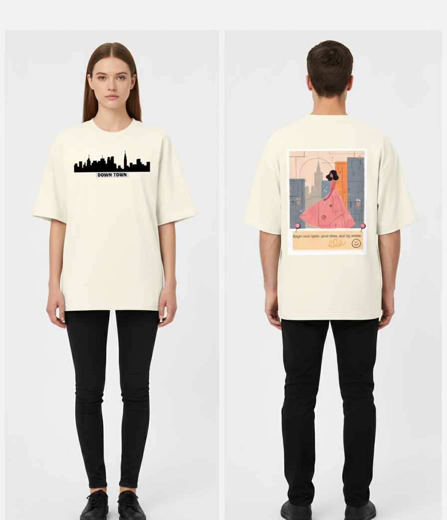 "DOWN TOWN " Terry Oversized Graphic Printed T-shirt