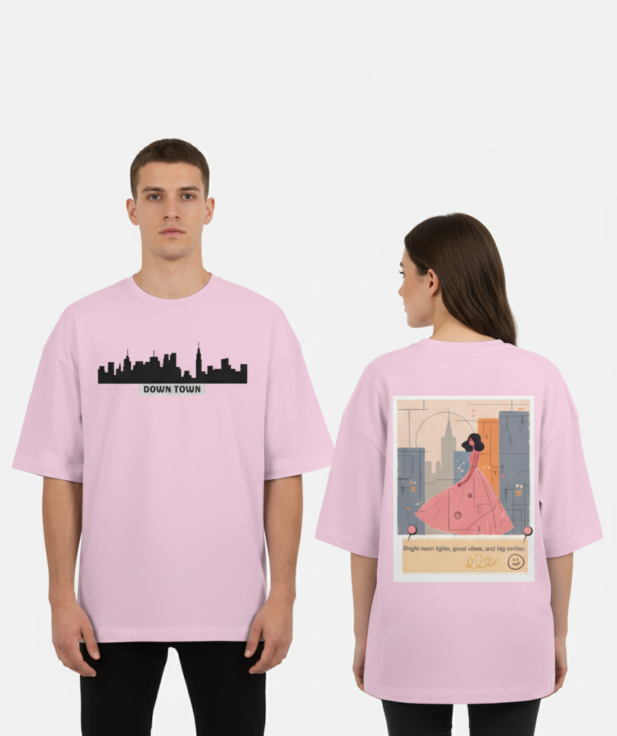 "DOWN TOWN " Terry Oversized Graphic Printed T-shirt