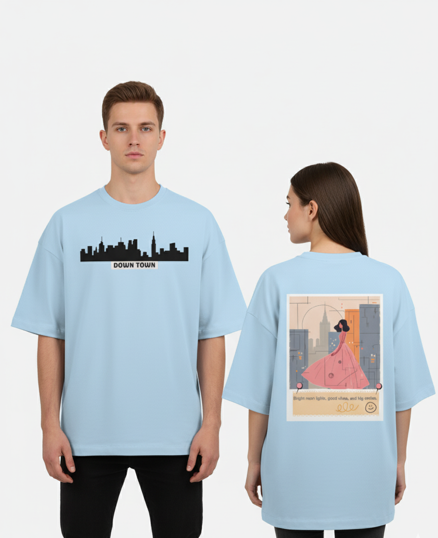 "DOWN TOWN " Terry Oversized Graphic Printed T-shirt