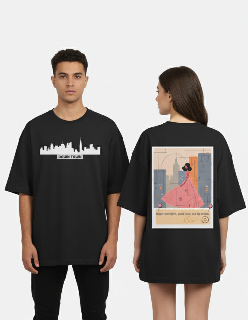 "DOWN TOWN " Terry Oversized Graphic Printed T-shirt