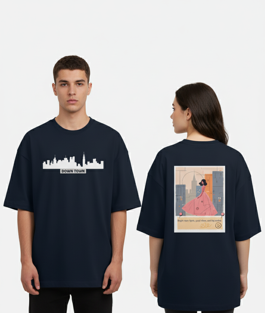 "DOWN TOWN " Terry Oversized Graphic Printed T-shirt