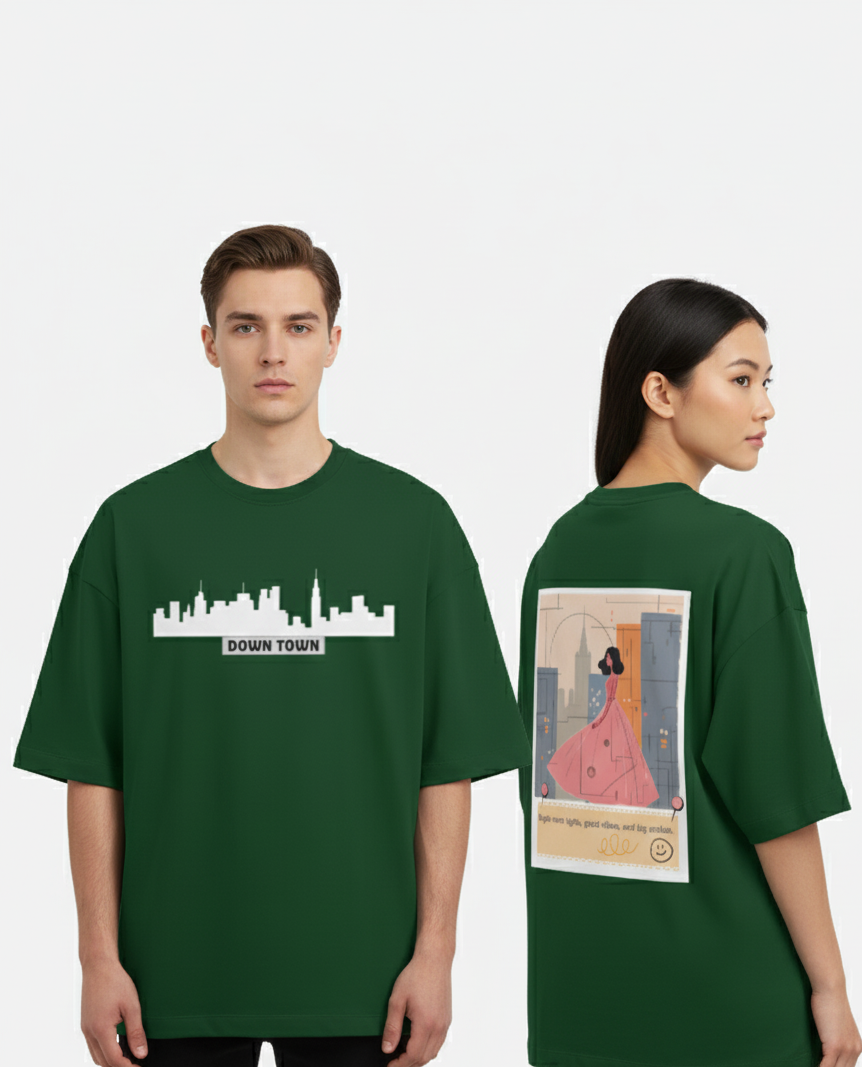 "DOWN TOWN " Terry Oversized Graphic Printed T-shirt