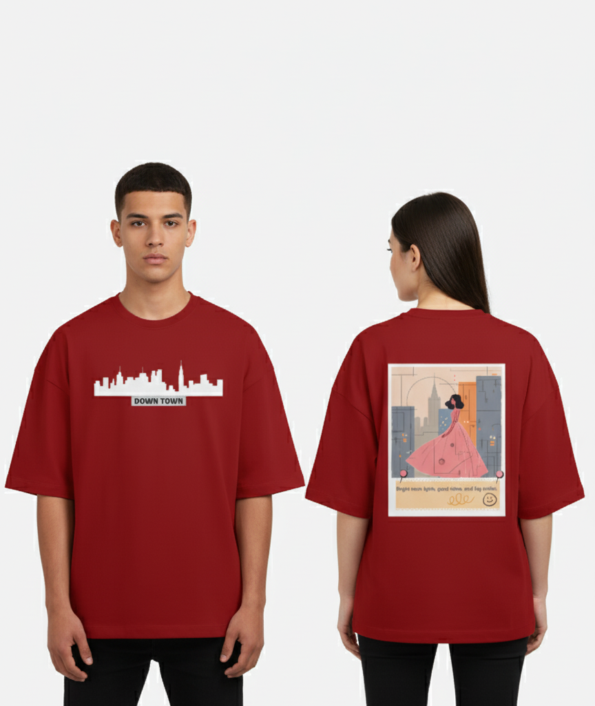 "DOWN TOWN " Terry Oversized Graphic Printed T-shirt