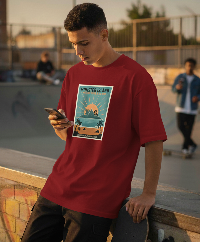 "MONSTER ISLAND " Terry Oversized Graphic Printed T-shirt