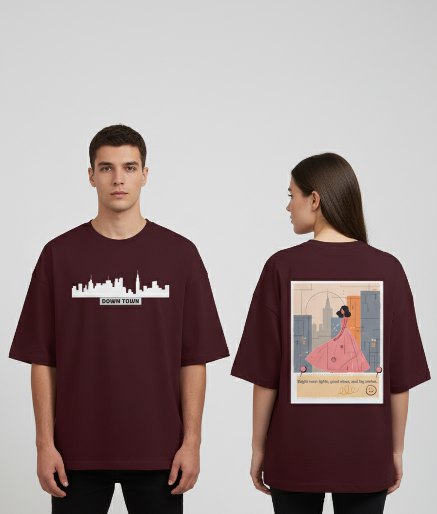 "DOWN TOWN " Terry Oversized Graphic Printed T-shirt