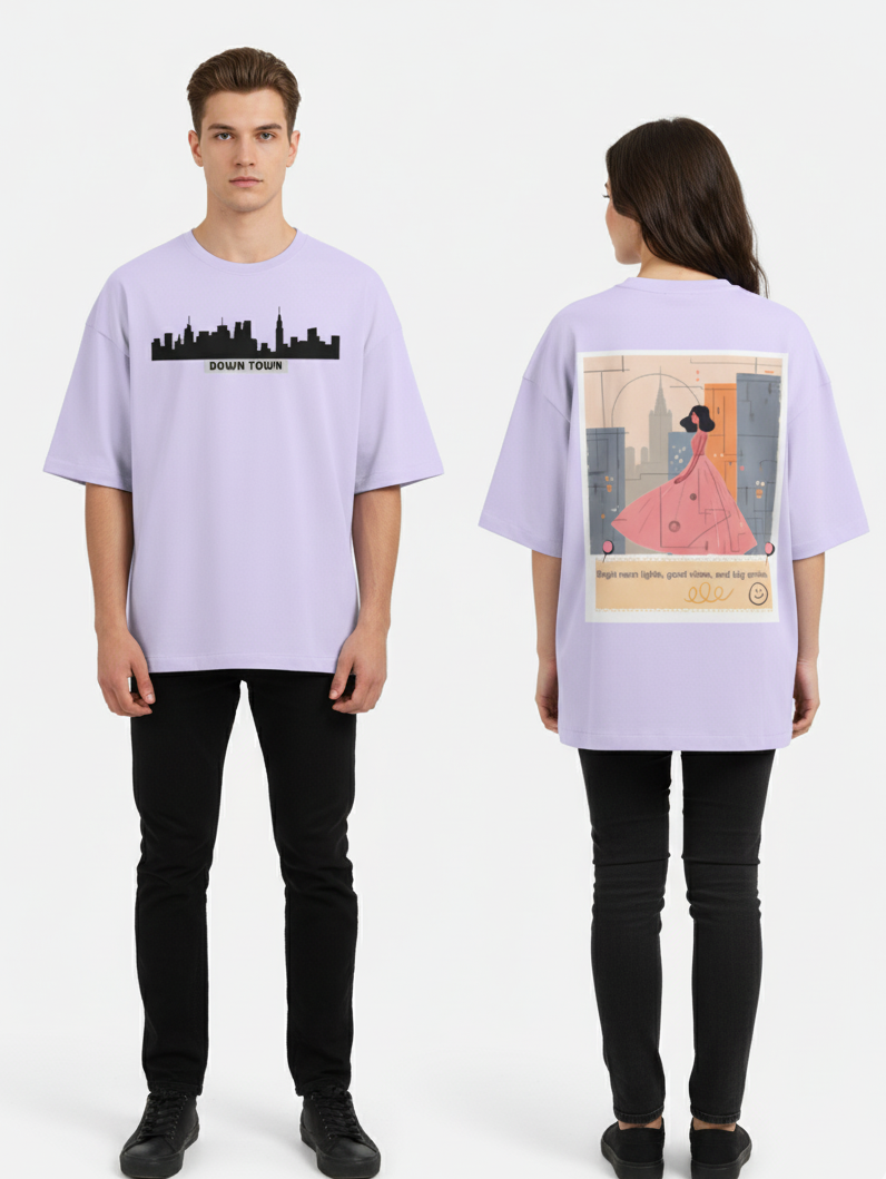"DOWN TOWN " Terry Oversized Graphic Printed T-shirt