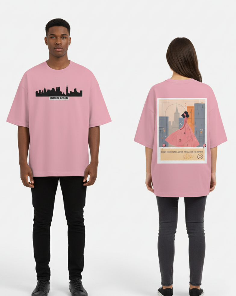 "DOWN TOWN " Terry Oversized Graphic Printed T-shirt