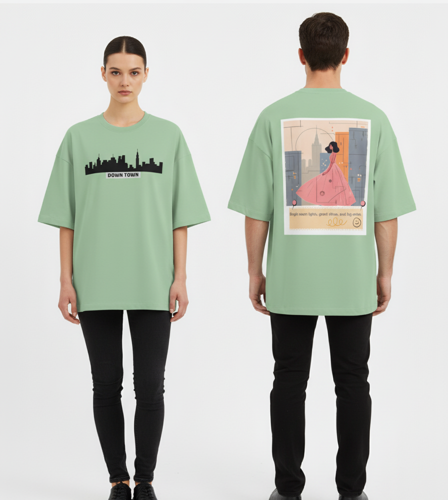"DOWN TOWN " Terry Oversized Graphic Printed T-shirt