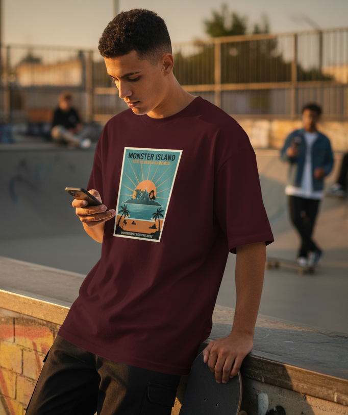 "MONSTER ISLAND " Terry Oversized Graphic Printed T-shirt