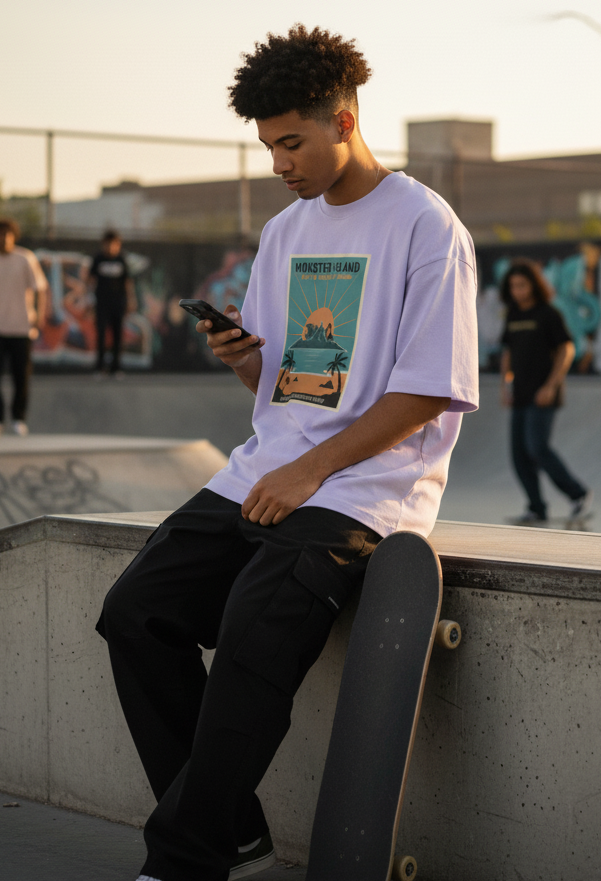 "MONSTER ISLAND " Terry Oversized Graphic Printed T-shirt