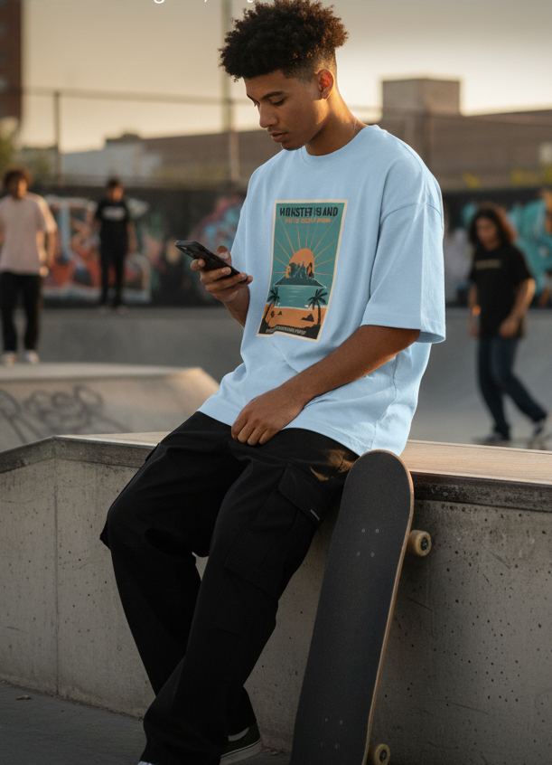 "MONSTER ISLAND " Terry Oversized Graphic Printed T-shirt