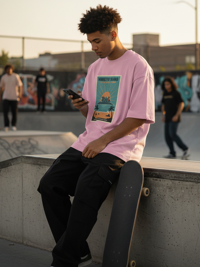 "MONSTER ISLAND " Terry Oversized Graphic Printed T-shirt