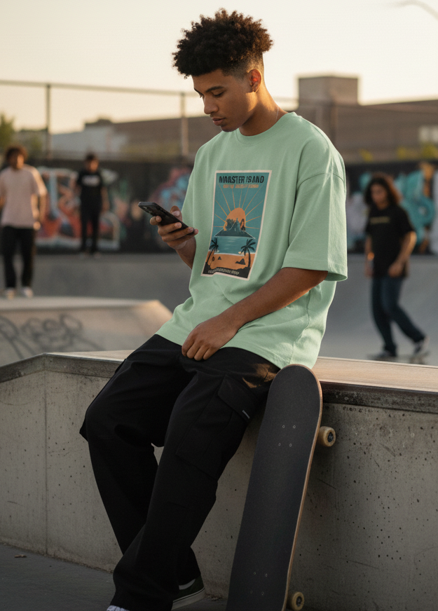 "MONSTER ISLAND " Terry Oversized Graphic Printed T-shirt