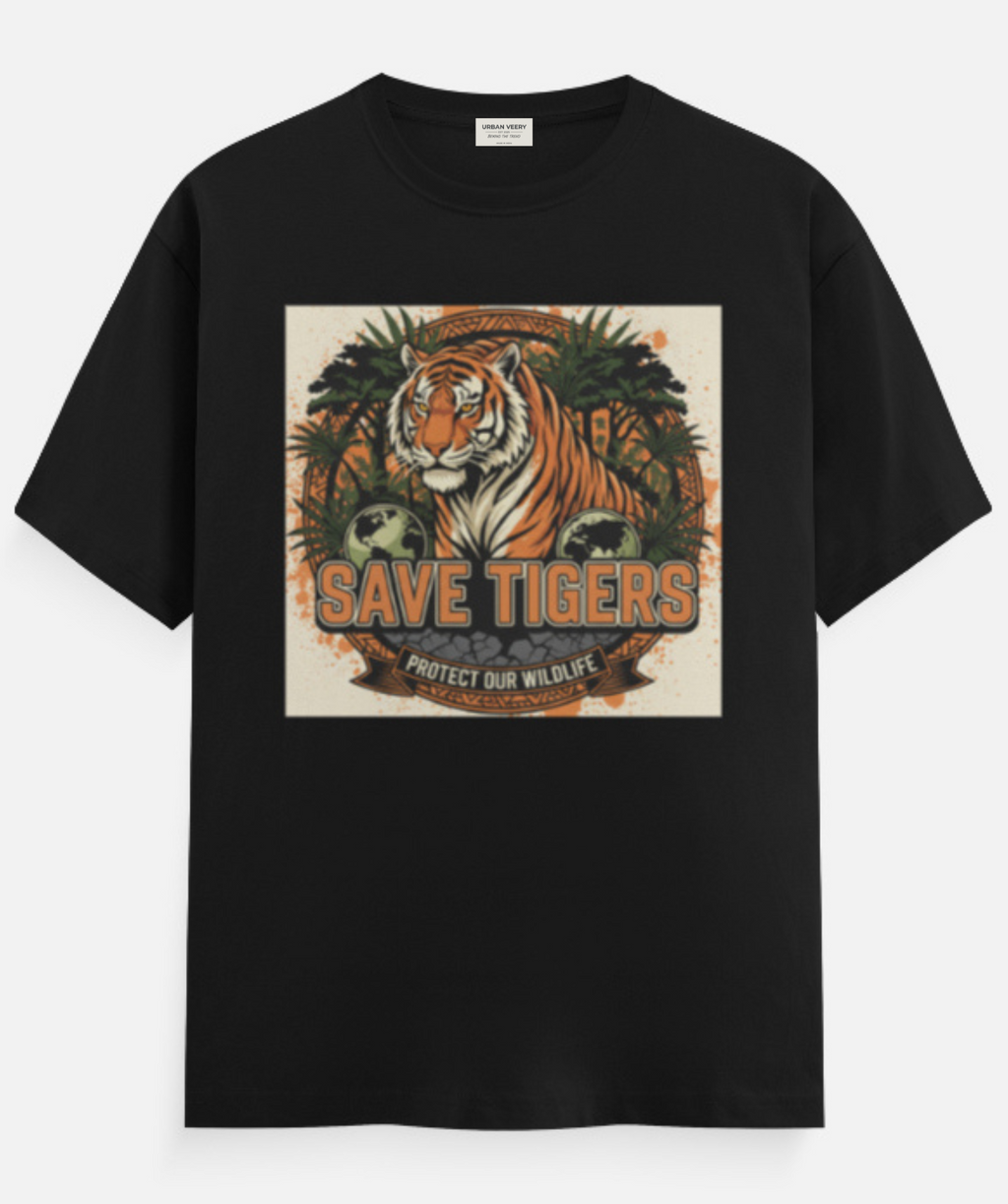 "SAVE THE TIGER "  Round Neck Graphic Printed T-shirt