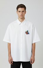 "PIXEL KNIGHT" OVERSIZED HALF SLEEVE GRAPHIC PRINTD SHIRT