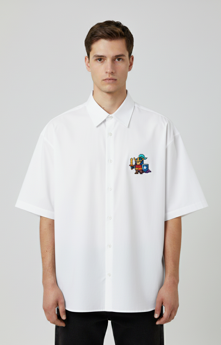 "PIXEL KNIGHT" OVERSIZED HALF SLEEVE GRAPHIC PRINTD SHIRT