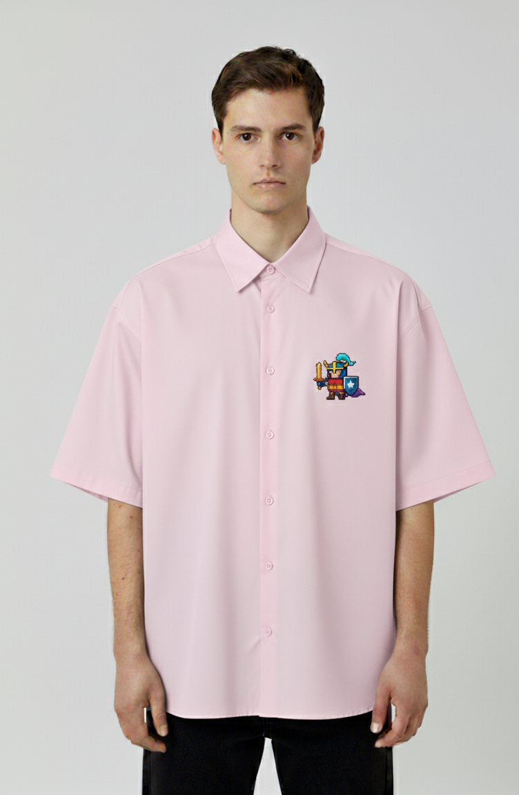"PIXEL KNIGHT" OVERSIZED HALF SLEEVE GRAPHIC PRINTD SHIRT