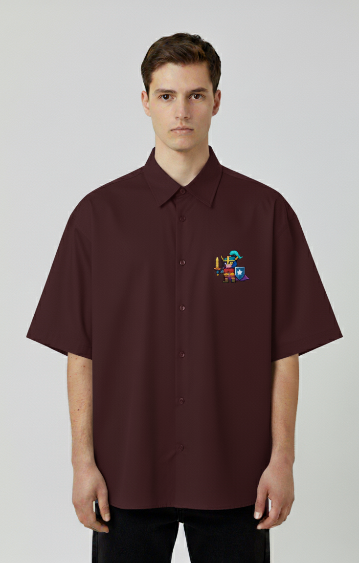 "PIXEL KNIGHT" OVERSIZED HALF SLEEVE GRAPHIC PRINTD SHIRT