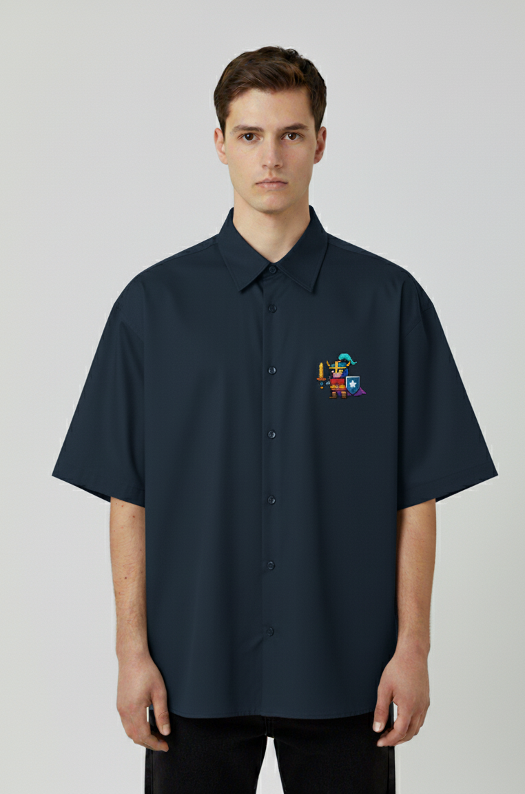 "PIXEL KNIGHT" OVERSIZED HALF SLEEVE GRAPHIC PRINTD SHIRT