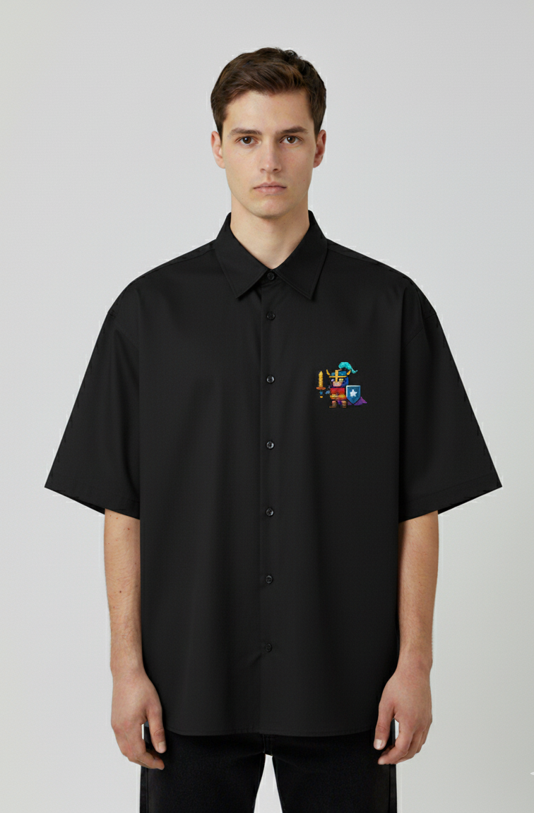 "PIXEL KNIGHT" OVERSIZED HALF SLEEVE GRAPHIC PRINTD SHIRT